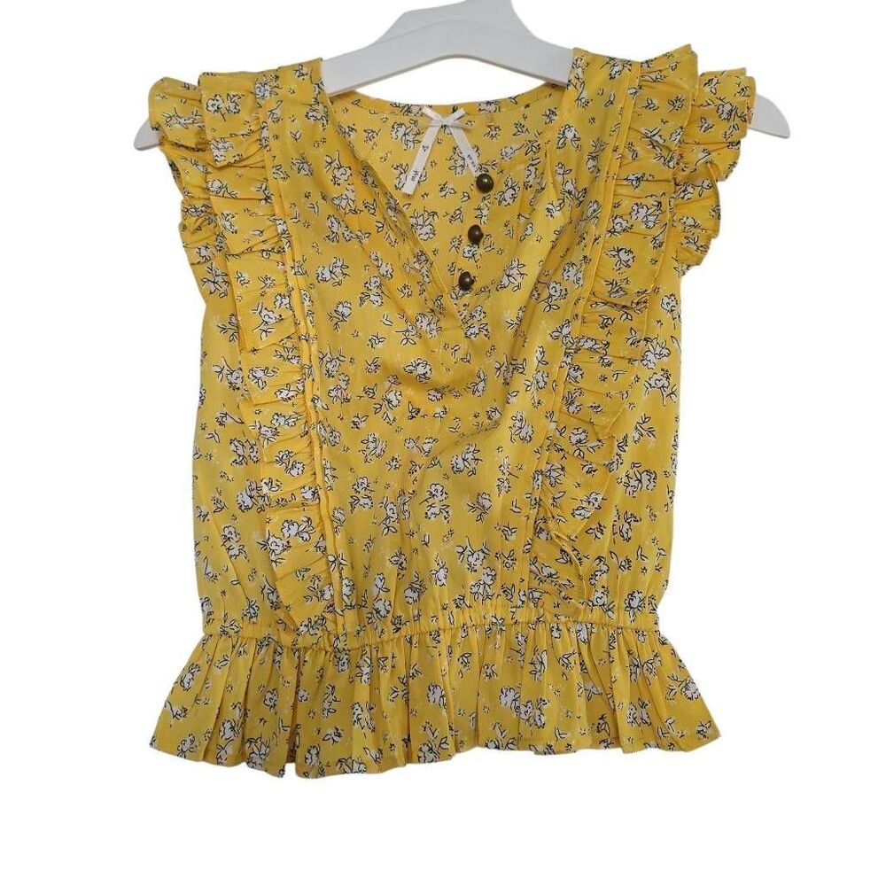 Next Girls Size 5 Yellow White Floral Ruffle Sleeveless Blouse